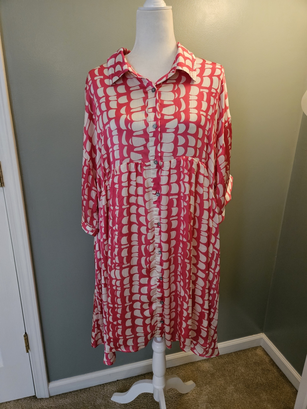Entro Pink and White Button-Front Printed Dress with Pockets Women's Size XL